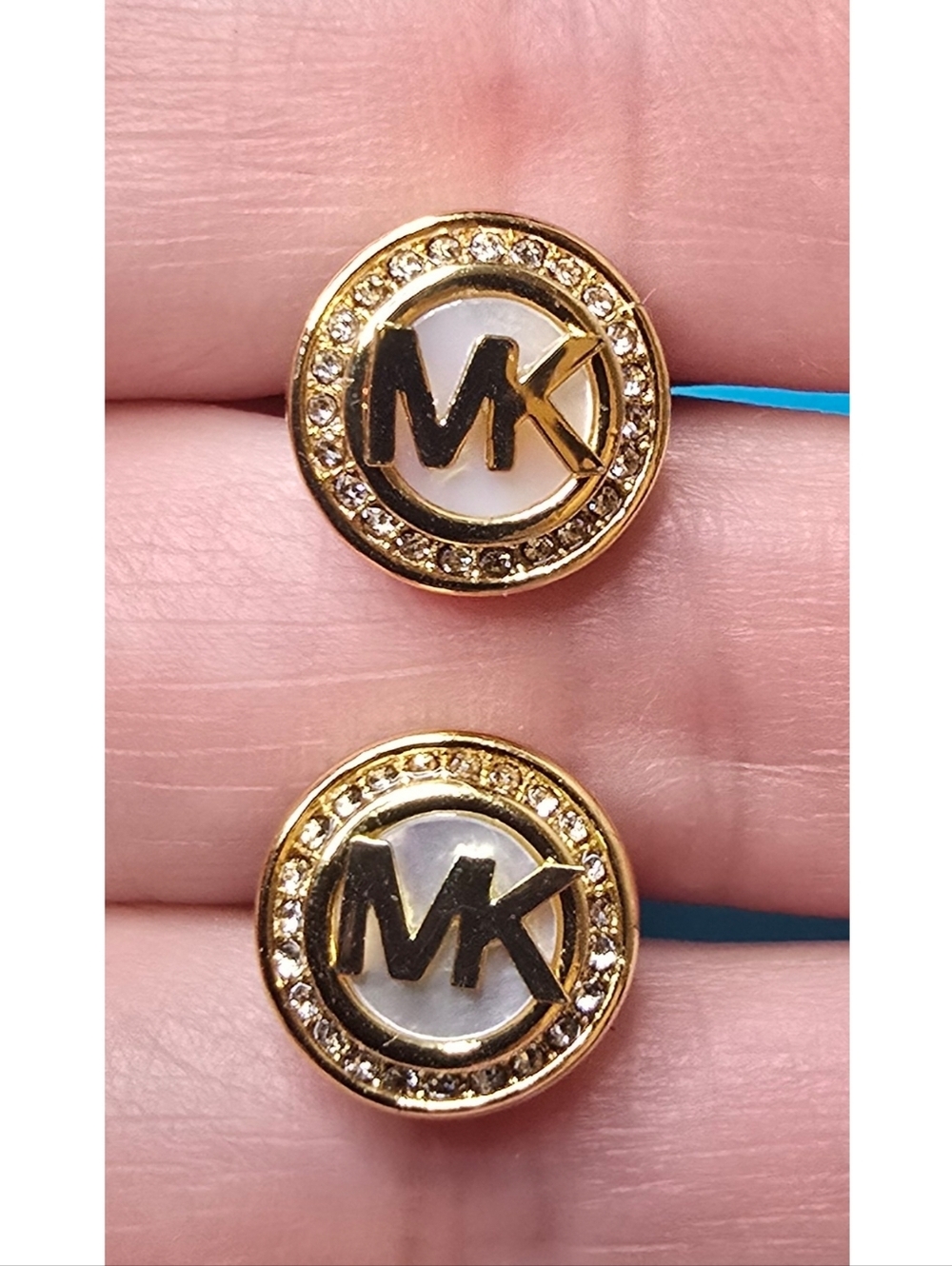 NWT Michael Kors Mother of Pearl Logo Stud Earrings Gold Tone Pave Crystal MK - Picture 4 of 7